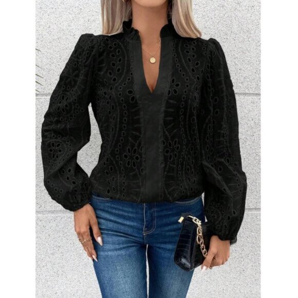 Tops - Notched Neckline Lantern Sleeve Eyelet Embroidery Blouse Black